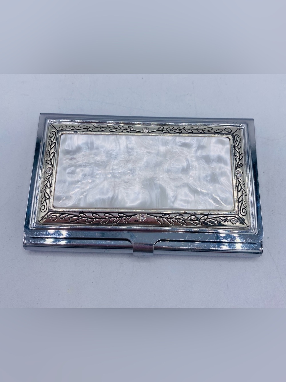 Brighton Tapestry Card Case Mother Of Pearl Etched Silver Plated Tiny Crystals